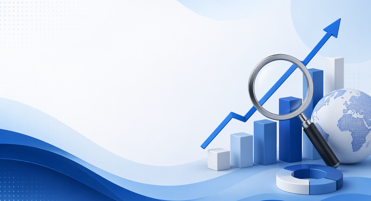 Modern SEO analytics banner with magnifying glass, growth chart, upward arrow and global digital marketing concept.